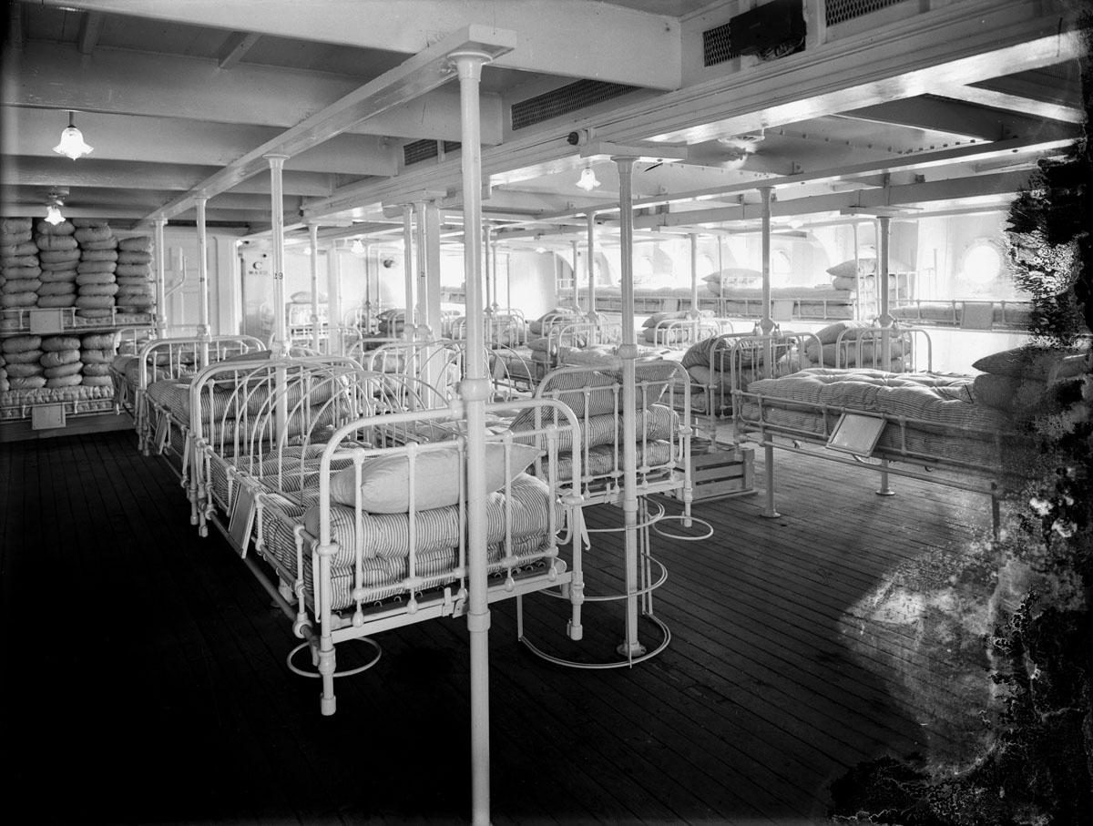 Empty beds on the 'Maheno' a New Zealand Hospital ship.